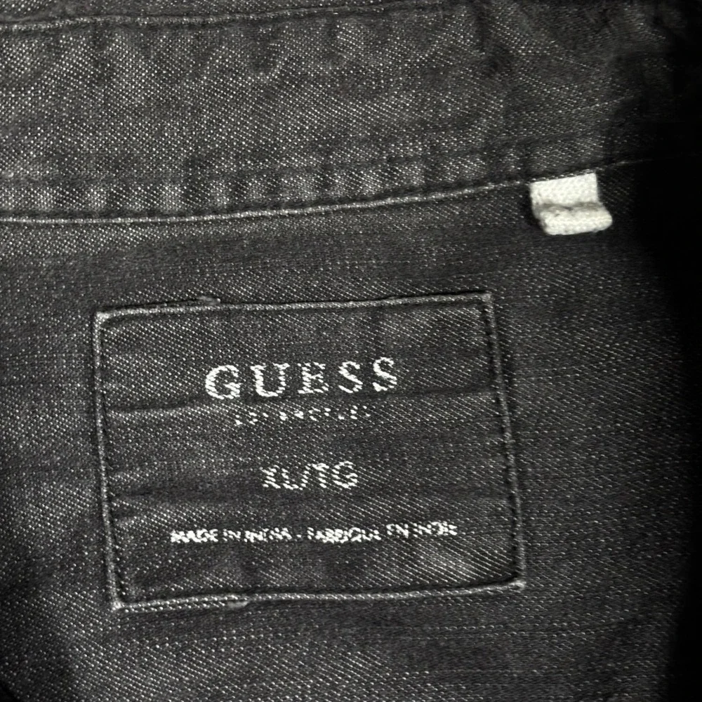 Guess Denim Shirt Mens XL Black Floral Embroidered Western Pearl Snap Button